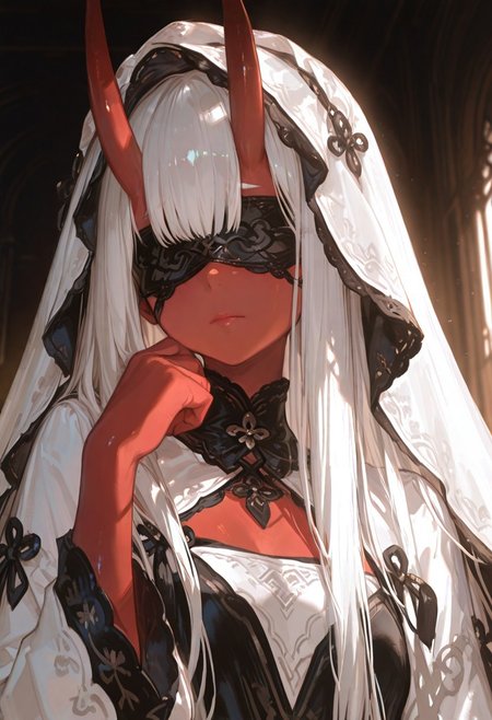 masterpiece, best quality, good quality, newest, highres, absurdres, volumetric lighting,gradient color,
BREAK 
raytracing, volumetric lighting, ambient occlusion, girl, background, masterpiece, best quality, very awa, absurdres, 
BREAK
Aka-Oni, oni, colored skin, (red skin:1.3), straight horns, solo, long hair, model style, 
BREAK
masterpiece,amazing quality,best quality,ultra-detailed,8K,illustration,CG,shiny hair,clear skin,ultra-detailed-eyes, background,cute girl, eyelashes
BREAK,
veil, long hair, upper body, blindfold, covered eyes, lipstick, white hair, hand up, dress, closed mouth, makeup