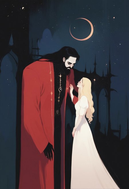 score_9, score_8_up, score_7_up, score_6_up, score_5_up,    <lora:watXLP:0.7> count dracula with his wife, 1girl, 1 man, long hair, crescent moon, night, dracula castle, starry sky, glowing, size difference, kiss, count dracula with red robe, black elegant, rich decorated clothes, black hairs, his wife has white dress and blonde hairs, dracula has beard and big moustache,