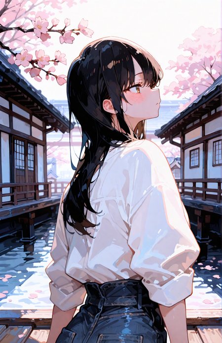 perfect quality,high quality,masterpiece,best quality,amazing quality,very aesthetic,Cinematic Lighting,newest,Tactical use of shadow,
from behind,Panoramic view,head_tilt,Side-eye,
yamadaanna cyql,1girl,blush,long hair,black hair,brown eyes,
yokozuwari,outstretched_arms,
Tailored blazer,white tee,high-waisted jeans,
Cherry blossoms,Canal,Wooden bridges,Traditional architecture,Hanami season,Japanese tradition,
usnr,748cmstyle,<lora:USNR STYLE_XL_loha:0.45>,<lora:MGE_V5.3:0.6>,<lora:748cmSDXL:0.8>,<lora:ponyv5_noobV065S_1_adamW:0.7>,<lora:backlitILL:0.5>,<lora:Yamada Anna_Illustrious by Cyql:1>,
