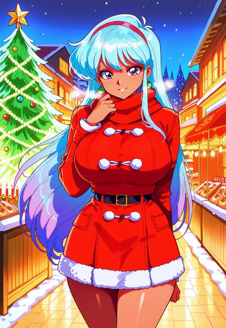 safe_pos, score_9, score_8_up, score_7_up, score_6_up, source_anime, 1 girl, pretty, beautiful, slim, curvy, r3tr0b1u3, retro, (blue hair), (bright eyes), hairband, gradient hair, (tanned skin), huge breasts, A lively and festive Christmas market set in a snow-dusted town square, surrounded by charming old-world buildings adorned with twinkling lights and garlands. Wooden stalls line the market, each brightly decorated and offering treats like gingerbread, roasted chestnuts, and steaming mugs of hot cocoa. Shoppers in cozy winter coats and scarves browse handmade ornaments, candles, and gifts. A towering Christmas tree stands in the center, glowing with colorful lights and ornaments. The air is filled with laughter and the hum of cheerful holiday music, while snowflakes fall gently, adding a magical touch to the warm, bustling scene, retro_artstyle, semi-realism, vivid colors, 4k, ultra sharp, high-res,