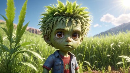 a (male ((average:adorable:.3) ((detailed) (realistic) zombie:(weed):.3) with (leafy hair))) in a ((moutain top):(open grassy field):.7) at (daytime sun off to side) while its (dusty:dusty:.2), (raw) (photorealistic) (max detailed)