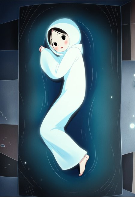 zPDXL3, source_cartoon, Perfect Hands, full body,
1girl, solo, under the sea, looking at viewer, saoirse, black hair, black eyes, blush, ghost, hood up, robe, barefoot, glowing, lying under the sea, from above, lying on side, facing at viewer, feeling cold, eyes open, peaceful emotion, open mouth, sleeve past wrist, slim body, long body, highlight cloth wrinkle, anime style, seals nearby, bubbles, 
<lora:Perfect Hands:1>  <lora:Saoirse_-_The_Song_of_the_Sea-000009:1>