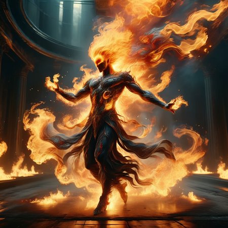 ignar ashaman dancing in flames with fiery spirits, dark, cinematic, enigmatic, photorealistic, very detailed<lora:ignar:1>