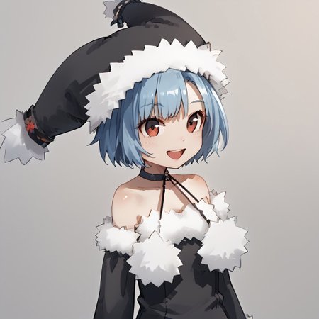 1girl_Witch, blue hair,red eyes,solo,fur-trimmed sleeves, hat, pantyhose, fur-trimmed black dress, fur-trimmed black clothes, fur-trimmed black headwear, fur-trimmed boots , black footwear, bare shoulders, pom pom \(clothes\), choker, detached sleeves,standing,smile,open mouth,((close-up face)),Night forest, Halloween, 👻🎃, night festival,👻,
