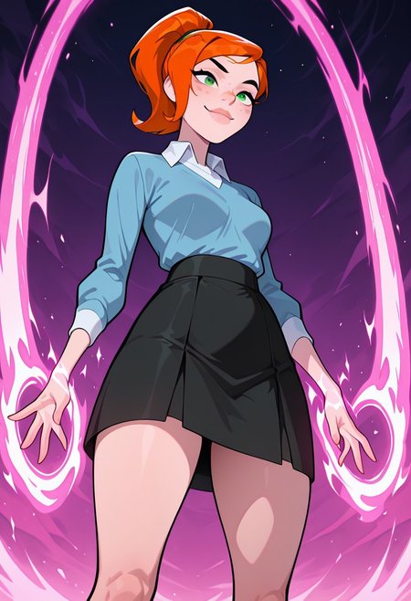 ((screencap, cartoon)) , masterpiece, best quality, amazing quality, very aesthetic, absurdres, newest,
ovgwen, green eyes, orange hair, 1girl,  freckles,, lips
ponytail, blue shirt, white collar, black skirt, long sleeves, 
magic powers, pink powers, from below, magic constructs, magic, smile,