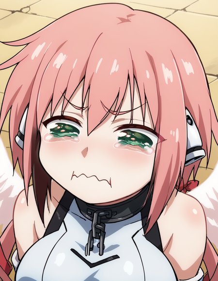 score_9, score_8_up, score_7_up, source_anime, <lora:ikaros-s2-ponyxl-lora-nochekaiser:1>, ikaros, long hair, bangs, large breasts, twintails, very long hair, green eyes, hair ribbon, pink hair, angel wings, robot ears, collar, chain, large breasts,, <lora:aqua-about-to-cry-ponyxl-lora-nochekaiser:1> crying aqua, crying aqua (meme), crying, tearing up, tears, wavy mouth,, ,