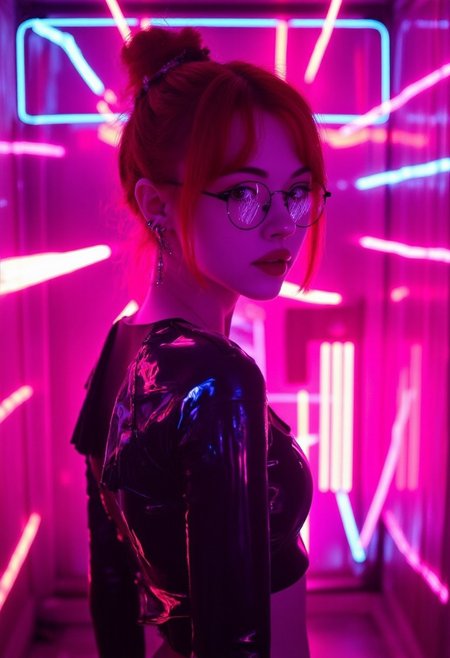This is a digital illustration rendered in a highly stylized, hyper-realistic CGI (computer-generated imagery) style, characterized by vibrant neon colors and smooth textures. The subject is a young woman KTNK with a fair complexion and an athletic build. She has her red hair styled in a sleek, high bun. She wears round, thin-rimmed glasses that reflect the neon lights around her, adding to the futuristic ambiance.