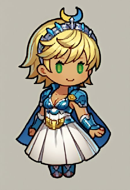 score_9, score_8_up, score_7_up, source_anime, BREAK, solo, 1girl, <lora:Feh-Sprites-pdxl_Fp:1>, simple background, chibi, full body, <lora:zs_ArtemisXL:1>, artemissmtv, dark skin, blonde hair, short hair, green eyes, hair ornament, dress, cleavage, elbow gloves, cape, smile,