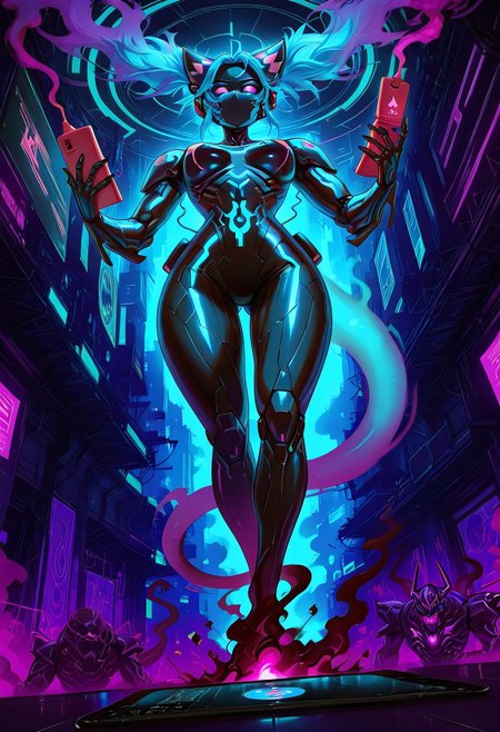 two figures, action scene, focus on a giant blue smoky glowing techno horned (g3nie), genie tail, monstrous creature of neon smoke, holographic cyborg, rises from a witch's dropped tablet-style cell phone, filling the scene, towering above, from below, a neon cat-eared cell phone. high-tech sorcery, ultra-detailed, 8K resolution, hyper realistic reflections, anime cyber-fantasy, dramatic composition, dynamic poses, Dutch angle, extreme perspective, vibrant colors, cyberpunk aesthetic.


