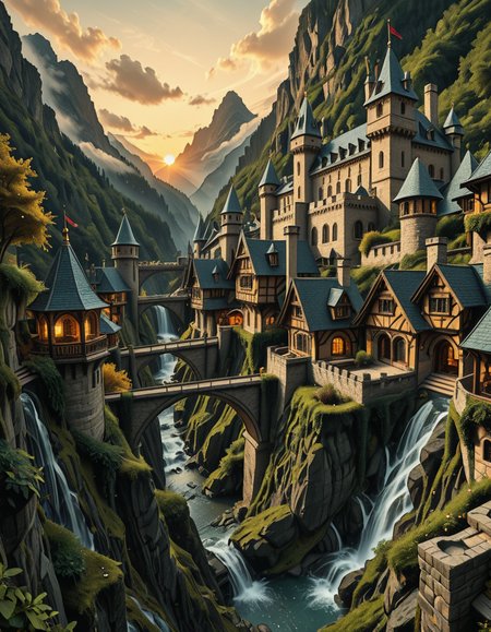 A breathtaking medieval fantasy city nestled in a lush valley, surrounded by towering mountains and dense forests. A grand castle with multiple towers and turrets stands atop a hill, overlooking the town below. The city consists of charming half-timbered houses with glowing windows, perched on rocky cliffs and connected by stone bridges over cascading waterfalls. The river flows through the village, reflecting the warm golden lights of lanterns and torches. Ivy and moss grow over the stone walls, adding to the enchanted, ancient atmosphere. The background features misty mountains with additional fortresses and watchtowers, partially hidden by low-hanging clouds. The sky is illuminated by a soft, warm sunset, casting a golden glow on the scenery, creating a perfect blend of realism and fantasy. Highly detailed, cinematic, and immersive, with a magical, fairy-tale ambiance.
<lora:SDXLFaeTastic2400:0.4> <lora:extremely_detailed:0.4> extremely detailed, ,medieval f4nt4sy c1ty <lora:medieval_f4nt4sy_c1ty-i:1>, Masterpiece,best quality,hi res,8k,hi res,8k,award winning,(sharp focus, intricate, highly detailed),