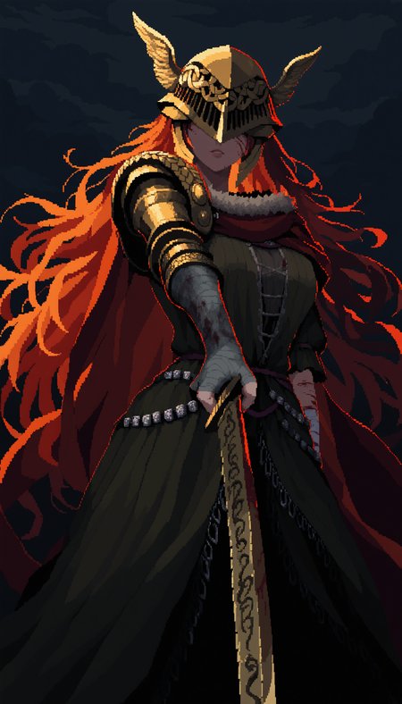 pixel art,
1girl, elden ring, malenia blade of miquella, red hair, visor \(armor\), shoulder armor, solo, bandaged arm, blood on arm, blood on bandages, extremely long hair, bandaged hand, cuts, dark clouds, dark, drawing sword, foreshortening, cinders, 
masterpiece, best quality, very awa, absurdres
<lora:noobai_epred_11_pixel_art_v1:1>