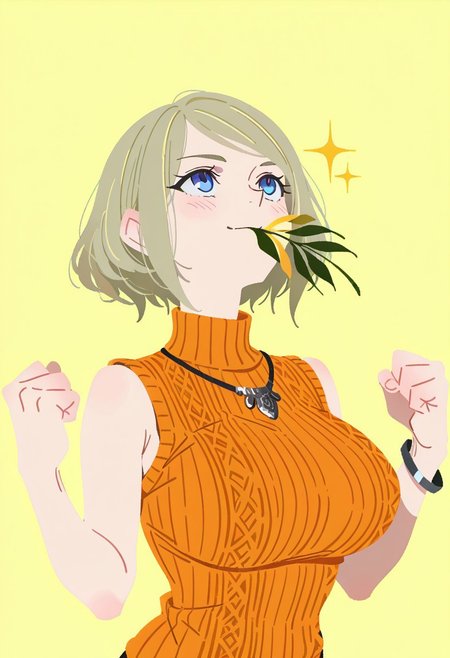 masterpiece, best quality,
<lora:RE4Ashley:1.0>
RE4Ashley, 1girl, blonde hair, short hair, blue eyes,(serious,smile,blush,looking up),(big breasts),(orange sweater,bare arms,bracelet,necklace),(upper body),(holding yellow herb leaves in mouth,clenched hands, triumphant pose),(no lineart,flat color,simple background,yellow background,sparkle pattern background)