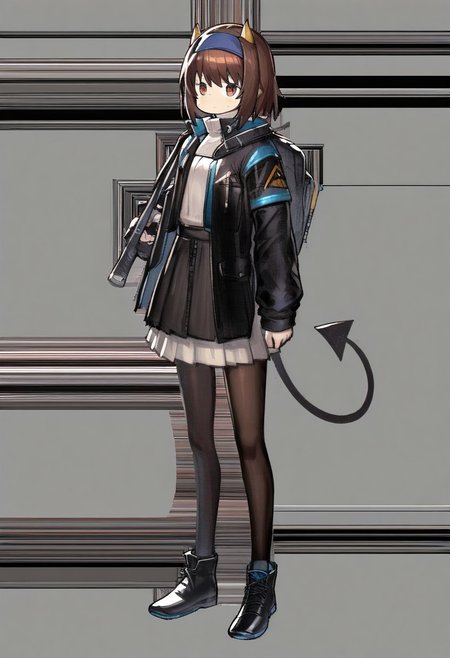 One girl,brown hair,large daemon horn, blue headband，weapon, jacket,round face
pantyhose,, black footwear, daemon tail,jacket
Grey indoor background 
peeking out upper body