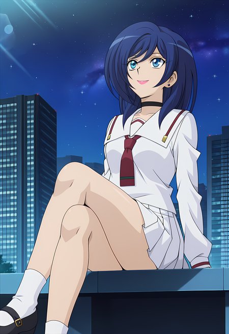 masterpiece,best quality,amazing quality,

1girl, solo, 

Asaka Narumi (Cardfight Vanguard), blue hair, blue eyes, stud earrings, choker, lipstick, school uniform, serafuku, white sailor collar, necktie, long sleeves, pleated skirt, socks, black footwear, mary janes,

looking up, smile,

cinematic, cross legs, crossing legs, 

Outdoors, night, On top skyscraper, galaxy sky,

Lens flare, bloom,

Official style, anime screencap, anime coloring,












