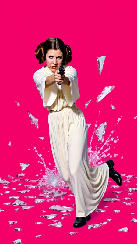 <lora:Carrie_Fisher_Flux:1.2> A dynamic, high-energy scene captures Carrie Fisher as Princess Leia Organa holding a blaster from starwars pointed at viewer in a fierce pose, mid-action as she bursts through a shattered glass surface, shards flying in all directions. Perfect hands. The background is a solid, vivid HotPink, creating a stark, intense contrast with the sharp, reflective fragments of glass. She's a young woman with fair skin and brown hair styled in two large, round buns, dressed in her iconic white, floor-length gown, which features a high neck and long, flowing sleeves.   Her body is marked with small cuts from the glass, droplets of blood glistening under the light. Her expression is one of pure fury, his eyes locked onto the viewer as if they are the target of her rage. Her pose is explosive, one leg extended forward as if sheâs leaping through the air, his arms raised defensively or ready to strike. The glass shards around him are frozen in mid-air, their jagged edges catching the light and creating a chaotic, almost surreal effect. The HotPink background amplifies the intensity of the moment, evoking a sense of danger and raw emotion. The atmosphere is charged with adrenaline, the aftermath of his violent breakthrough palpable in every detail. The image feels as if itâs happening directly in front of the viewer, Carrie Fisher as Princess Leia Organaâs momentum and the flying glass creating a sense of immediacy and immersion. Itâs a moment of chaos and power, a snapshot of rage and determination frozen in time. The combination of the HotPink backdrop, the sharp glass, and Carrie Fisher as Princess Leia Organaâs fierce expression makes for a visually striking and emotionally charged composition. She goes forward, driven by duty and the promise of glory.