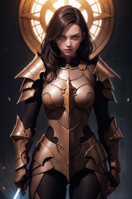 an illustration of a female paladin adorned in holy armor, wielding a sacred sword, furrowed brow, 
masterpiece, best quality, intricate detail, high background detail, high contrast,   <lora:emotion_angry_slider_v1:1> raytracing