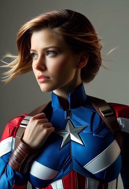 A photorealistic portrait of a lone woman, focusing on her upper body, dressed in a Captain America costume, with intricate details on the star-spangled suit, her expression confident and determined, set against a muted, patriotic color palette with soft, cinematic lighting, captured from a slightly low angle to emphasize her heroic presence.