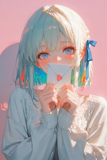 masterpiece,best quality,traditional media,aosiai123_illu,line art,hewu,depth of field,(rei \(sanbonzakura\):0.8),(ciloranko:0.7),(artist:quasarcake:0.8),(wlop:0.7),extreme aesthetic,(quasarcake:0.7),masterpiece,best quality,good quality,newest,year 2024,year 2023,very aesthetic,absurdres,Visual impact,A shot with tension,ultra-high resolution,32K UHD,sharp focus,best-quality,masterpiece,Emotionalization,unconventional supreme masterpiece,masterful details,temperate atmosphere,with a high-end texture,in the style of fashion photography,(Visual impact:1.2),insanely interplay between lights and shadows,(ray tracing),sunlight,reflective,masterful details,intricate details,soothing tones,high contrast,natural skin texture,soft light,sharp,giving the poster a dynamic and visually striking appearance,impactful picture,offcial art,colorful,splash of color,movie perspective,colorful,splash of color,blush,hair ribbon,heart,long sleeves,looking at viewer,covered mouth,{{one hand holding a love letter}}},upper body,pink background,,<lora:aosiai123_style:0.7>,<lora:graceart0518-noobaiXLNAIXL_vPred_V10_V1-CAME:0.3>,