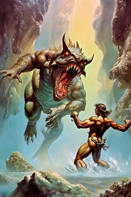 underwater scene of a sea monster attacking a muscular warrior, bubbles, blood, 8 k, intricate, dramatic  <lora:Fantasy_art_XL_V1:0.75> stunning fantasy art by boris vallejo