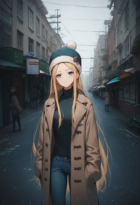 score_9, score_8_up, score_7_up, score_6_up, score_5_up, score_4_up, source_anime, 1girl, animeirl, blonde hair, very long hair, pale blue eyes, medium chest, jeans, coat, winter hat, street, buildings, depressed