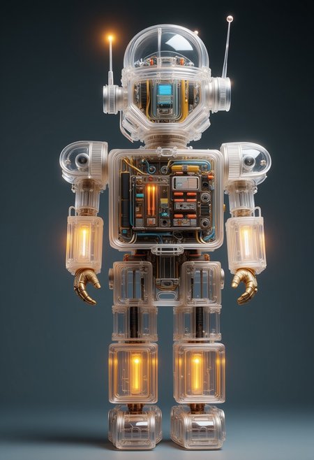 ajspctrbot, Vintage Robot Server, Made of translucent Material, wires and stiff IS visible beneath the artificial futuristic surface