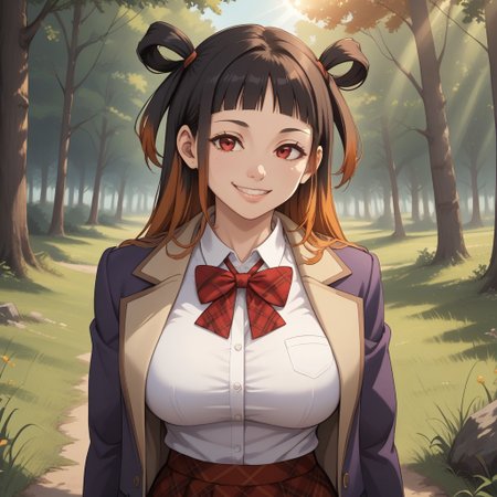 score_9, score_8, BREAK, solo, juri oba, (magia record), skirt, plaid, black hair, orange hair, plaid skirt, school uniform, red eyes, bow, long hair, white shirt, pleated skirt, jacket, bowtie, red skirt, adult female, mature female, big breasts, sexy pose, self portrait, smile, looking at viewer, outdoors, sunlight, shadows, evening lighting, natural lighting, forest, trees, grass, orange sky, sunset