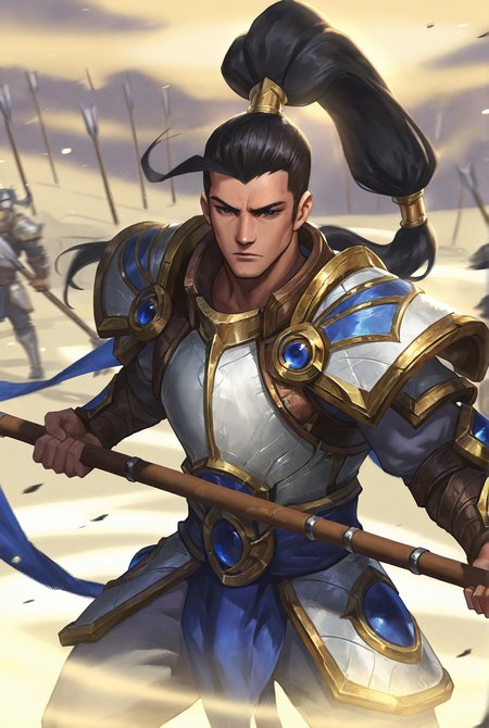 score_9,score_8_up,score_7_up,best quality,ultra-detailed,high resolution,digital painting,8k,1boy,solo,cowboy shot,male focus,detailed face,ponytail,armor,black hair,long hair,shoulder armor,pauldrons,polearm, holding polearm,<lora:add-detail-xl:1>,<lora:XinZhao LOL:0.7>,xinzhao lol,