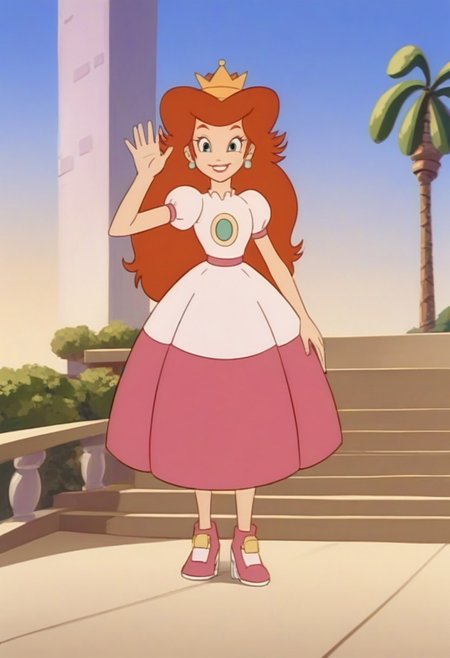 (source_anime, score_9, score_8_up, score_7_up:1), 
best quality, masterpiece, amazing quality, very aesthetic, absurdres, 
1girl, solo, 
smbss_toadstool, 
looking at viewer, smile, waving, 
outdoors