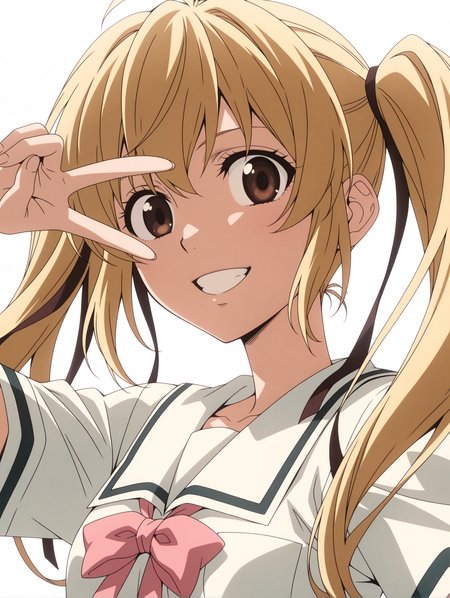 masterpiece,best quality,newest,
1girl,solo,
anime screencap,<lora:s_raimei_ilxl_v1.0:1>,s_raimei,blonde hair,hair bow,twintails,brown eyes,
r_clothes,serafuku,ribbon tie,white shirt,
r_katana,
<lora:Fixhands_anime_bdsqlsz_V1:1>,looking_at_viewer,simple_background,white_background,grin,:d,v over eye,upper_body,