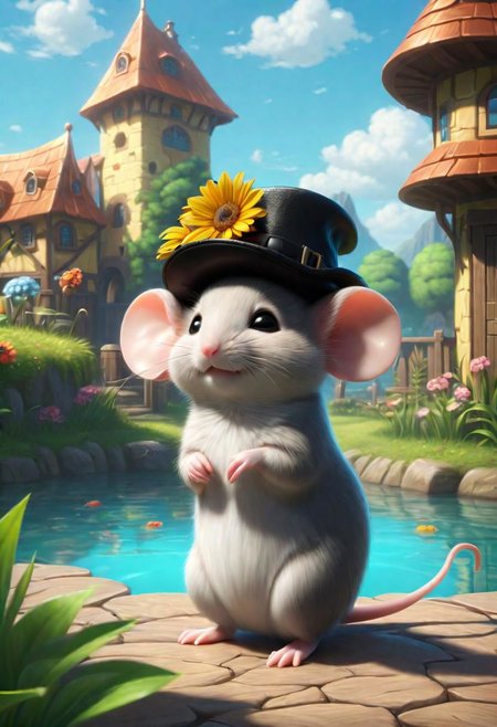 ral-fluff,<lora:ral-fluff:1>,
chibi,masterpiece,best quality,original,official art,black metallic fantasy mice,hat,flower,blurred background,rendering,beautiful detailed glow,(detailed ice),beautiful detailed water,sunny, blurred flower, happy, stand in Front of a House made of cheese