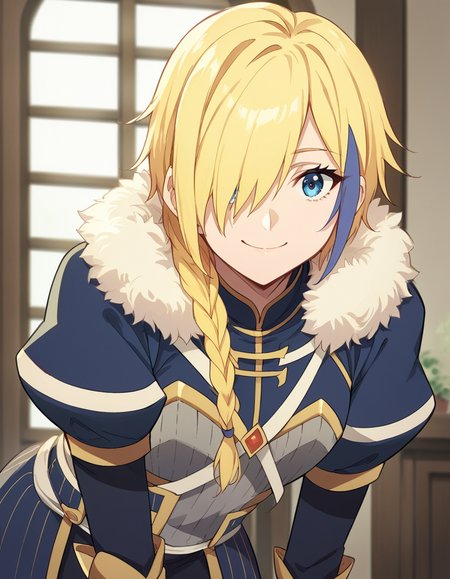 score_9, score_8_up, score_7_up, source_anime, <lora:konosuba-claire-s3-ponyxl-lora-nochekaiser:1>, claire, blue eyes, blonde hair, braid, multicolored hair, hair over one eye, single braid, armor, puffy sleeves, fur trim,, indoors, bent over, smile, looking at viewer, solo,, cowboy shot, dutch angle
