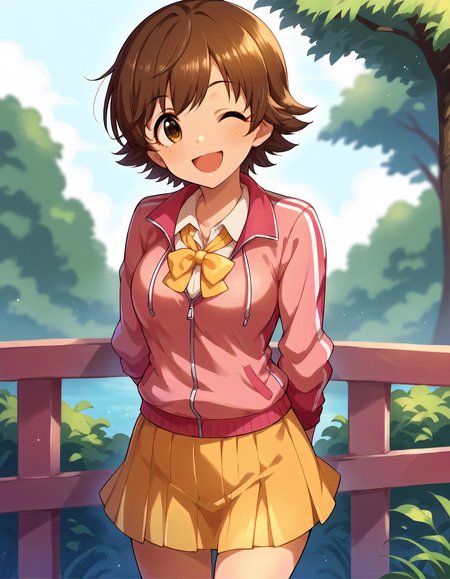 score_9,score_8_up,score_7_up,1girl,solo,cowboy shot,looking at viewer,smile,wink,open mouth,arms behind back,outdoors,
<lora:hondamio_ponyXLV6:0.8>,cghmio,
brown hair,short hair,brown eyes,
pink track jacket,yellow bowtie,yellow skirt,pleated skirt