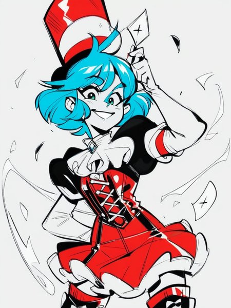 score_9, score_8_up, score_7_up, score_6_up, 1girl, looking at viewer, evil smile, big smile, expressive, open clothes, black top hat, skimpy clothes, short black coat, red corset, green eyes, swirled bangs, blue wavy short hair highlights, blue hair, thigh boots, mini red skirt, front hair swept to the side, green eyebrows, circus clothes, dynamic pose, sexually suggestive, white background, cards in hat, white elbow gloves, cowboy shot, 
<lora:INKtoonXLP_Style:1> InkToon, monochrome, black eyes, simple white  background, cute, sketch, thin line, cartoon, splash art, concept art