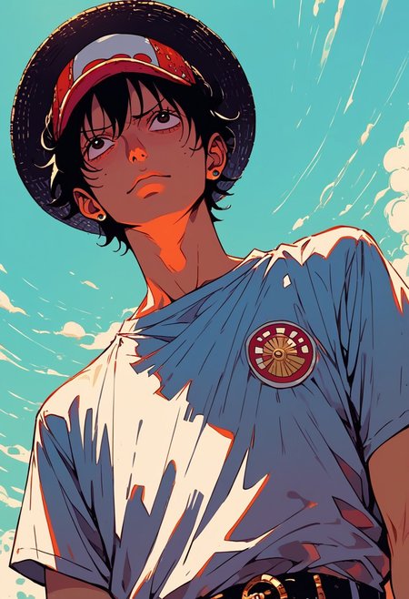 score_9, score_8_up, score_7_up, score_6_up, score_5_up,   
Create a portrait of 'Monkey D. Luffy' from One Piece wearing designer outfits inspired by luxury fashion brands Gucci. The scene should be set in a high-end fashion store with sleek luxury clothes in the background. Louis Vuitton is dressed in a sleek, navy red short sleeve shirt with a Louis Vuitton designs logos on it, paired with a crisp, white inner T-shirt, wearing a sleek Gucci hat. Incorporate bold colors, intricate details, and a sense of luxury and sophistication. The mood is sophisticated and glamorous, with the characters exuding confidence and style. Half body shot. The camera angle is a low-angle shot, looking up at the characters. ART BY GUWEIZ.