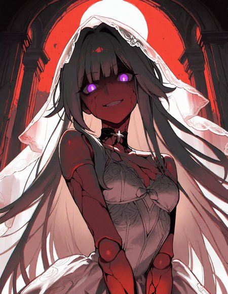 masterpiece,best quality,newest,very aesthetic,absurdres,very awa,highres,(yoneyama mai:0.4),(rella:0.4),(cutesexyrobutts:0.4),(ilya kuvshinov:0.4),newest,year 2024,year 2023,<lora:ponyv4_noob1_2_adamW:0.6>,limited palette,((monochrome)),dark,1girl,lingerie,mature female,herta \(honkai: star rail\),purple eyes,grey hair,head tilt,doll joints,(torn wedding_dress:1.1),veil,(torn clothes),glowing eyes,looking at viewer,corruption,(cracked skin),upper body,(horror \(theme\)),sinister,evil smile,bad end,church,red sky,full moon,bloodborne,from below,