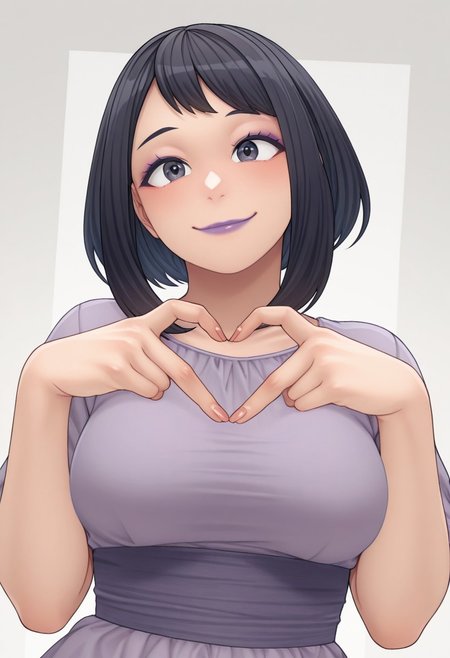 kobaji, 1girl, solo, medium build, medium hair, sfw, safe for work, covered skin, flowy dress,  black eyes, purple lipgloss, smiling, portrait, upper body, heart hands, mature female, foreshortening, detailed, newest, shiny skin, cowboy angle, solo focus, medium breasts,