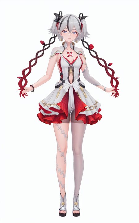 8k, best quality, masterpiece, (ultra-detailed), (high detailed skin), (by nanoless, by misumi \(macaroni\),:0.5), 
A full-body portrait of a young girl, standing gracefully, pastel art style, high-key lighting, shoujo manga influence, hd quality, delicate details, 
full body, full shot, standing, looking at viewer, (solo:1.2), simple background, white background, 
<lora:chun-sd-Tanger-000019:0.8>, chun, white chun-def dress, 1girl, red floral tattoo on chest, breasts, twintails, multicolored hair, grey hair, grey eyes, dress, white single pantyhose,