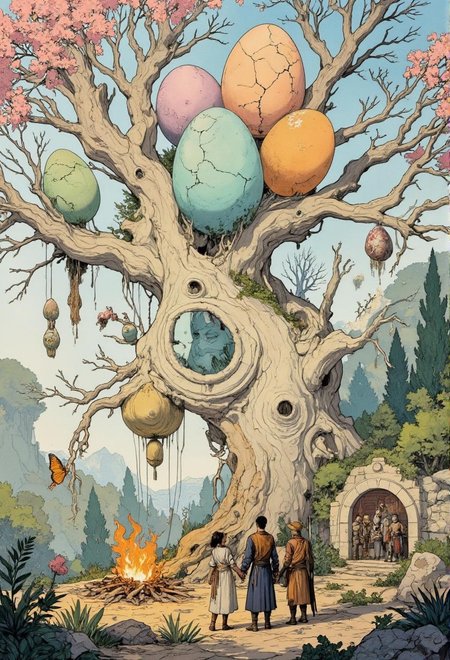 <lora:Illustration concept variant 2.safetensors:1>
In a gentle, pastel-hued forest, an ancient, gnarled tree stands as a testament to the enduring cycle of life. From its weathered trunk, three egg-like orbs emerge, their surfaces adorned with intricate, organic cracks. The tree's bark is a soft, cream color, blending seamlessly with the pale, teal and orange hues of the eggs, creating a harmonious tableau of nature's cyclical elements.
The forest around the tree is bathed in soft, diffused light, casting a warm, almost dreamlike glow. The leaves and foliage swirl gently, their pastel colors—soft pinks, blues, and yellows—adding depth and serenity to the scene. The air is filled with the subtle scent of blooming flowers, their delicate petals peeking through the underbrush, symbolizing the rebirth of a once-barren landscape.
A butterfly, its wings a tapestry of pastel hues, emerges from a chrysalis hanging from a lower branch of the tree, its delicate movements a metaphor for transformation and renewal. Nearby, a small group of friends, each an adult with distinct features— soft-spoken Aurelia, the weaver, in a simple tunic, a robust blacksmith with a kind smile, and a graceful merchant adorned in flowing robes—stand hand in hand. They gather around a central fire, their faces lit by the warm, gentle flames, symbolizing unity and support.
A mural adorns the side of a nearby rock, depicting moments of collective triumph and solidarity—villagers working together to rebuild a home, soldiers standing united in battle, and families coming together to celebrate. The scene is a tapestry of healing and hope, inviting the viewer to reflect on their own journey of growth and renewal, finding comfort in the knowledge that we are all connected in the cycle of life.
