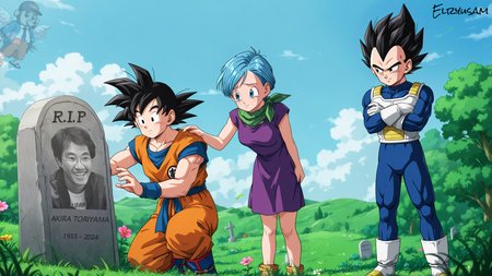 masterpiece, best quality, absurdres, very aesthetic, general
vegeta, outdoors, grass, flowers, trees, sky, tombstone, toriyama_akira, dragon ball, text: R.I.P