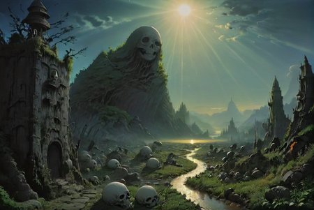 studio ghibli, darkest necropolis night of the dead landscape <lora:- SDXL - vanta-black_contrast_V3.0:0.8> VS BREAK brightest day of the happy living thriving city <lora:- SDXL - letitflrsh_let_it_flourish_V1.0:0.7>, highly detailed, landscape, panorama, moody, atmospheric, masterpiece,   <lora:- SDXL - otclillsn_impossible_geo_V1.0:0.8>,  <lora:- SDXL - conrtneo _neon-concrete _V2.0:0.4>,  <lora:dfantasy:0.8>