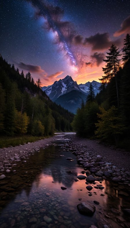 mountain with a river in the fore, and trees and clouds in the background is a starry sky, (Mystic Artwork, glowing, glow, glow focus:1.2), magic colors, creatures, surreal, abstract<lora:aidma-Image Upgrader-v0.1:1>,