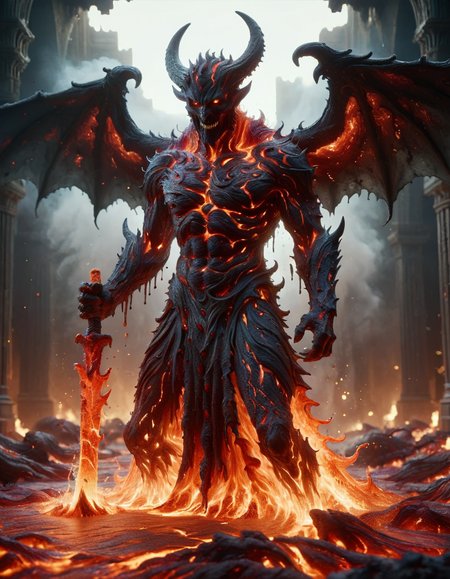 Horror-themed cinematic film still,a horrifying red-skinned male demon king, (full body portrait:1.3), (detailed monstrous evil face:1.4), screaming, wide spread bat like ral-lava wings, (detailed scaly skin texture:1.2), long curved horns, (in hell, swirling tormented souls, billowing smoke:1.5), black spiky armor,, shallow depth of field, vignette, highly detailed, high budget, bokeh, cinemascope, moody, epic, gorgeous, film grain, grainy . Eerie, unsettling, dark, spooky, suspenseful, grim, highly detailed<lora:ral-lava-sdxl-v2:1> ral-lava
