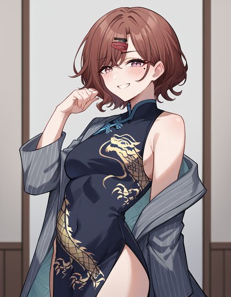 score_9, score_8_up, score_7_up, source_anime, <lora:madoka-higuchi-ponyxl-lora-nochekaiser:1>, madoka higuchi, brown hair, eyebrows hidden by hair, grey background, hair ornament, hairclip, mole, mole under eye, purple eyes, short hair, wavy hair,, <lora:blue-archive-kisaki-cosplay-ponyxl-lora-nochekaiser:1>, blue archive kisaki cosplay, kisaki (blue archive) (cosplay), dragon print, china dress, print dress, chinese clothes, pinstripe jacket, sleeveless turtleneck dress, cosplay, vertical-striped jacket, pinstripe pattern, pelvic curtain, striped coat, grey coat, black dress, sleeveless dress,, indoors, from side, blush, smile,, cowboy shot, looking at viewer