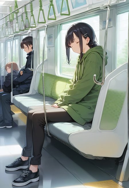 score_9, score_8_up, score_7_up, rating_safe, masterpiece, best quality, absurdres, unity 8k wallpaper, official art, official style, source_anime, game cg, megami magazine,  glasses,
e235, seat, close-up, train interior, sitting, holding, black hair, 1girl, hood, wide shot, multiple girls, scenery, black footwear, bag, jacket, tree, black pants, solo focus, holding phone, sleeping, closed mouth, phone, closed eyes, long sleeves, window, 
<lora:E235_PONY_V1:1>