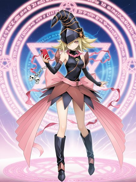 gagaga girl,1girl,solo,magic circle,smartphone,official art,hair over one eye,hexagram,black skirt,black wizard hat,black leotard,black detached sleeves,pink ribbon,pink necklace,black knee boots,holding smartphone,full body,gradient background,gold necklace,skull cellphone charm,
masterpiece,best quality,amazing quality,very aesthetic,absurdres,newest,<lora:Gagaga girl illuXL v1.2:0.74>,