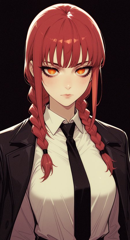 masterpiece, best quality, good quality, newest, highres, absurdres, makima \(chainsaw man\),
1girl, solo, long hair, blush, looking at viewer, simple background, shirt, closed mouth, jacket, white shirt, upper body, braid, red hair, necktie, collared shirt, blunt bangs, black jacket, twin braids, orange eyes, eyelashes, lips, formal, suit, black background, black necktie, hair over shoulder, serious, jacket on shoulders, ringed eyes, dark background, p4rsley-f_illu,
melanch0ly, retro anime,
afkArenaStyle <lora:illustriousXL_stabilizer_v1.23:0.3> <lora:NOOB_vp1_detailer_by_volnovik_v1:0.3> <lora:ponyv6_noobE11_2_adamW-000017:0.3> <lora:tenebriflora-wai:0.5> <lora:afkArenaIllustrious:0.75> <lora:MelancholyAnime:0.4>