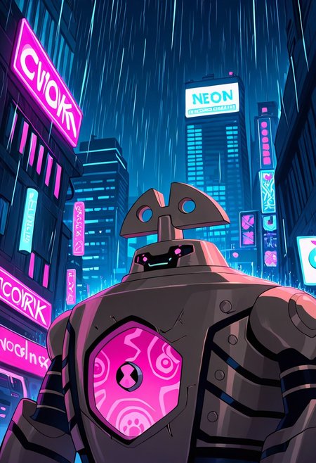 masterpiece, best quality, amazing quality, very aesthetic, absurdres, newest, 
 clockwork, robot, solo, no humans, 
futuristic city,  neon signs, neon lights, rtx, flying cars, night city, cyberpunk city, cyberpunk theme, upper body, raining,
