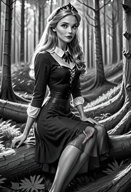 Ultra Realistic, full body shot, classy Aurora, , seated in the forest, classy casual-dress, B&w picture