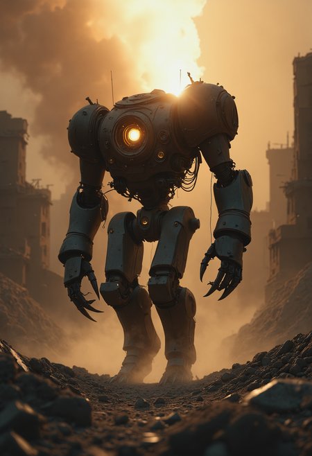 ,photorealistic imagery,
mech-arachnid-man-warrior, standing tall with 8 large mechanical tendrils ending in sharp claws extended from his back, each one grasping a different object such as abandoned machinery, debris, or scraps of metal, 8 arms flexed and posed in a powerful stance, red and black armor plating covering most of his body, yellow glowing accents on his eyes and joints, white smoke billowing from the wasteland below, Martian dust devils swirling around his feet, cliff edge crumbling away beneath him, overlooking a desolate futuristic cityscape with ruins of skyscrapers, twisted metal beams, and charred buildings, orange-red sunset glow casting long shadows across the barren landscape, atmospheric haze of toxic pollutants hanging low over the ravaged terrain, warm golden light illuminating the mech's metallic surface, high contrast between bright highlights and deep shadows, gritty texture and worn edges giving a sense of aged, battle-worn machinery, dramatic perspective emphasizing the vastness of the desolate waste