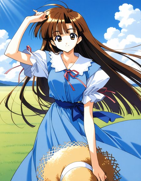 general,highres, ultra-detailed,very aesthetic,best quality ,best hands,  BREAK <lora:Mikage_Subaru_IS:1> Mikage_Subaru, 1girl,solo, brown hair, brown eyes, very long hair, bangs, medium breasts,
dress, hat removed, headwear removed, smile, holding hat, holding,  straw hat, holding clothes, short sleeves, puffy sleeves, looking at viewer, bow, blue dress, sun hat, standing, 1990s (style), ribbon,
cowboy_Shot,
blue sky, day, grass,